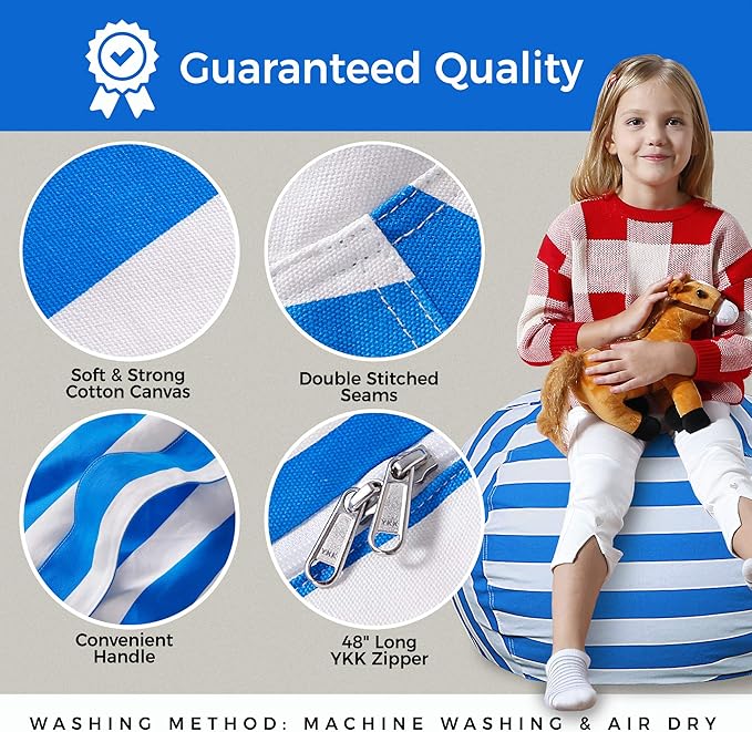 Aubliss Stuffed Animal Bean Bag Storage Chair (Blue/White Striped, Medium (32''))