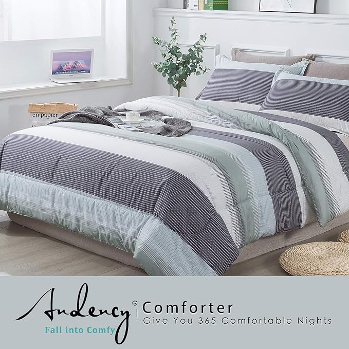 Andency Stripe Comforter Set King Size (104x90 Inch), 3 Pieces Mint Green Patchwork Striped Comforter, Soft Microfiber Down Alternative Comforter Bedding Set with Corner Loops
