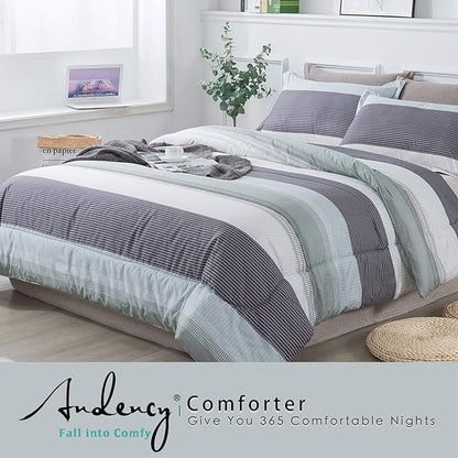Andency Stripe Comforter Set King Size (104x90 Inch), 3 Pieces Mint Green Patchwork Striped Comforter, Soft Microfiber Down Alternative Comforter Bedding Set with Corner Loops