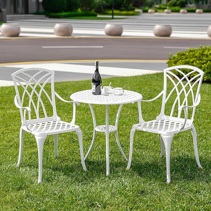 White Bistro Table and Chairs Set of 2, Cast Aluminum White Bistro Set Outdoor, Patio Bistro Sets with Umbrella Hole, Round Back Yard Set for Porch Balcony Garden