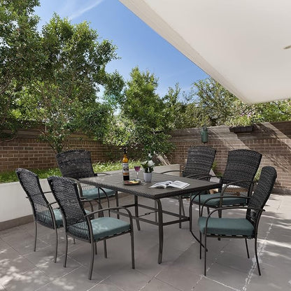 Patio Dining Set for 6, 7 PCS Patio Table & Chair Set, Metal Slatted Table with 2" Umbrella Hole, All-Weather Wicker Patio Dining Furniture with Removable Cushions for Deck, Lawn, Garden(Green)