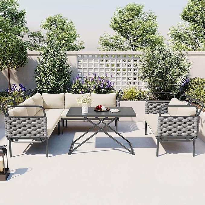 5-Piece Woven Rope Outdoor Patio Furniture Sets, L-shaped Conversation Sectional Sofa with Loveseat, Corner Couch, Glass Table and Removable Cushions, for Garden Backyard, Onesize, Gray+Beige