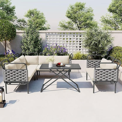5-Piece Woven Rope Outdoor Patio Furniture Sets, L-shaped Conversation Sectional Sofa with Loveseat, Corner Couch, Glass Table and Removable Cushions, for Garden Backyard, Onesize, Gray+Beige