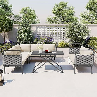 5-Piece Outdoor Furniture Sectional Conversation Sofa Set with Loveseat, Glass Table and Removable Cushions, All Weather Patio Woven Rope L-Shaped Couch for Garden Backyard, Gray+Beige