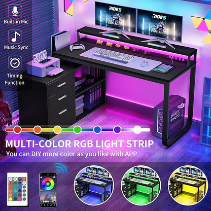 YITAHOME L Shaped Desk with Power Outlets & LED Lights & File Cabinet, 55" Corner Computer Desk with 3 Drawers and 2 Storage Shelves, Home Office Desk with Monitor Stand, Black
