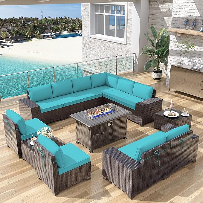 Patio Furniture Sectional Sofa Set 13-Pieces PE Rattan Patio Conversation Set w/43in Gas Fire Pit Table, Outdoor Furniture with 55000 BTU Propane Fire Pit, Blue
