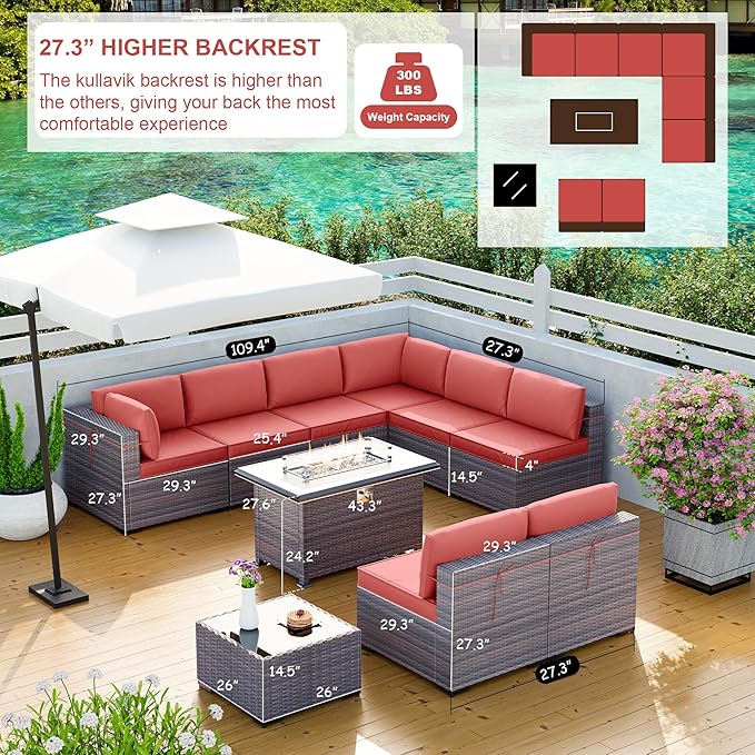 Kullavik 10 Pieces Outdoor Patio Furniture Set with 43" Gas Propane Fire Pit Table PE Wicker Rattan Sectional Sofa Patio Conversation Sets,Red