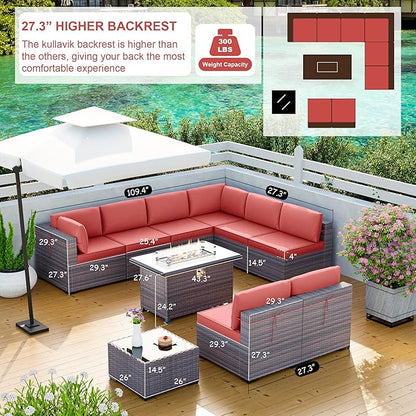 Kullavik 10 Pieces Outdoor Patio Furniture Set with 43" Gas Propane Fire Pit Table PE Wicker Rattan Sectional Sofa Patio Conversation Sets,Red