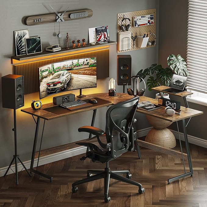 Cubiker L Shaped Desk, Computer Corner Desk, Gaming Desk with Monitor Stand, Home Office Study Writing Workstation, Space-Saving, Rustic Brown
