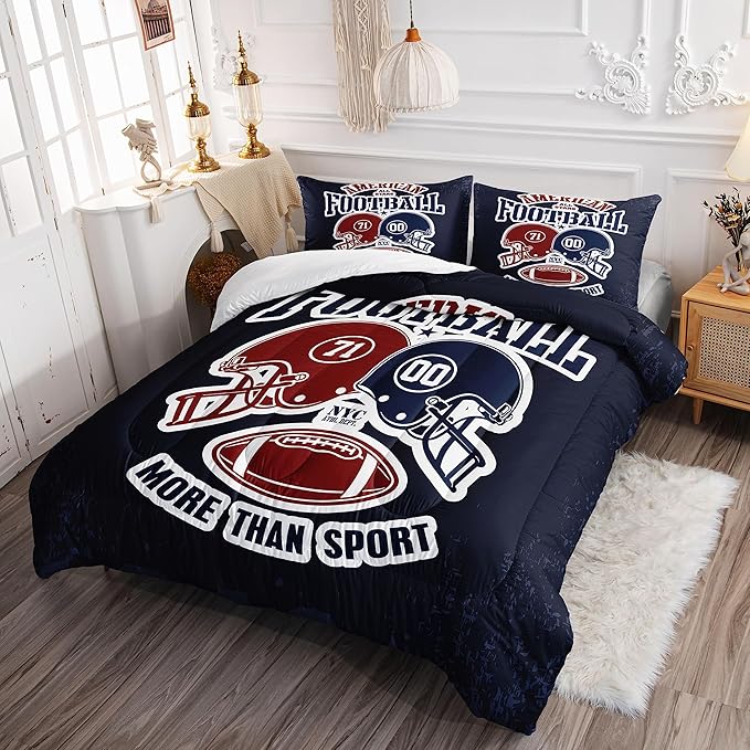 Datura home American Football Comforter Set Vintage Navy American Football Printed Quilt Bedding Set with 1 Comforter and 2 Pillowcases for Boys and Girls Bedroom All Season(Football Navy Full)