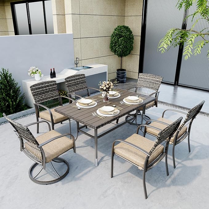 Pamapic 7 Piece Patio Dining Set for 6,Wicker Outdoor Furniture Set for Backyard Garden Deck Poolside with Iron Slats Table Top,4 Dining Chairs and 2 Swivel Rockers,Removable Cushions(Beige)