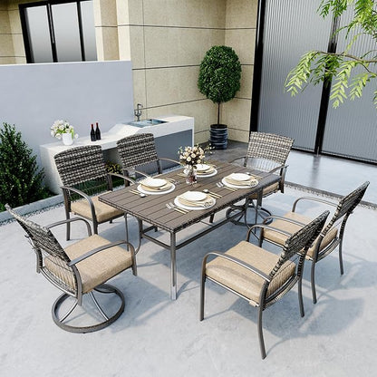 Pamapic 7 Piece Patio Dining Set for 6,Wicker Outdoor Furniture Set for Backyard Garden Deck Poolside with Iron Slats Table Top,4 Dining Chairs and 2 Swivel Rockers,Removable Cushions(Beige)