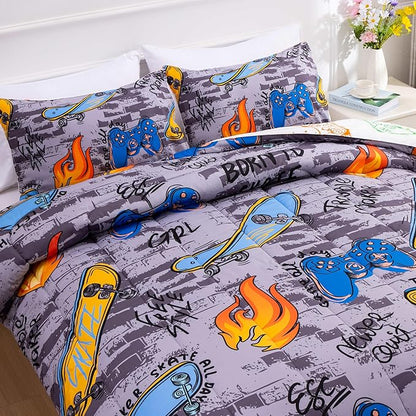 Btargot Gaming Stone Pattern Comforter Set for Boys Girls Kids, 3 Pieces Reversible Skateboard Game Console Flame Painting Bedding Set, Grey Twin