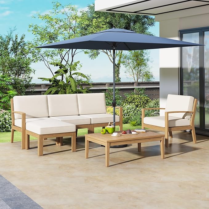Merax 6-Piece Outdoor Sectional Conversation Sofa Seat Cushions Acacia Wood Frame Furniture Sets with Coffee Table and Ottoman for Garden Backyard Patio and Poolside, Beige