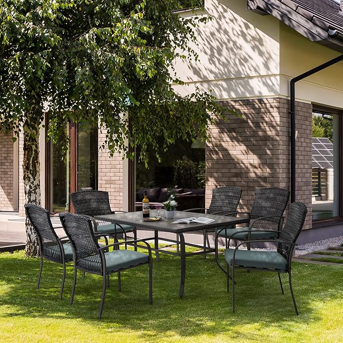 Patio Dining Set for 6, 7 PCS Patio Table & Chair Set, Metal Slatted Table with 2" Umbrella Hole, All-Weather Wicker Patio Dining Furniture with Removable Cushions for Deck, Lawn, Garden(Green)