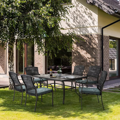Patio Dining Set for 6, 7 PCS Patio Table & Chair Set, Metal Slatted Table with 2" Umbrella Hole, All-Weather Wicker Patio Dining Furniture with Removable Cushions for Deck, Lawn, Garden(Green)