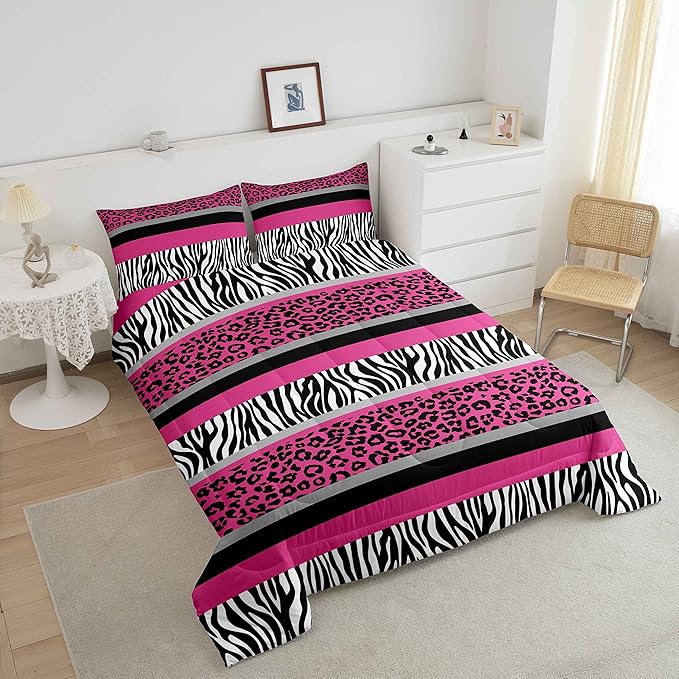 Zebra Stripes Comforter Leopard Print Comforter Set For Kids Boys Girls Pink Black White Zebra Leopard Fur Bedding Set Ultra Soft Decor Wild Animal Skin Texture Pattern Duvet Set Twin Size Quilt Set