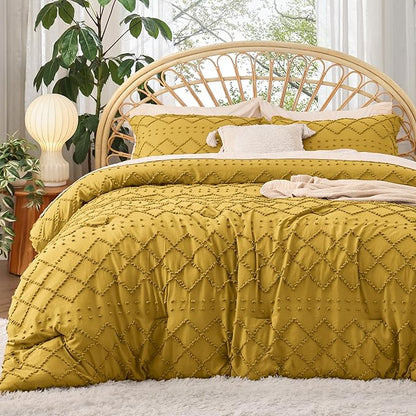 Bedsure Full Size Comforter Set - Mustard Yellow Comforter, Boho Tufted Shabby Chic Bedding Comforter Set, 3 Pieces Farmhouse Bed Set for All Seasons, Fluffy Soft Bedding Set with 2 Pillow Shams
