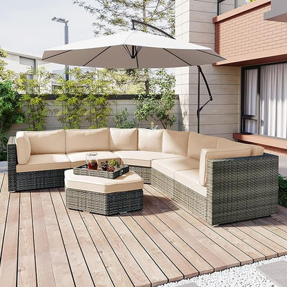 Patio 7-Piece Set, Half-Moon Curved Sectional Sofa Outdoor Rattan Furniture with Ottoman and No-Slip Cushions for Balcony, Porch, Garden, Zc-Beige