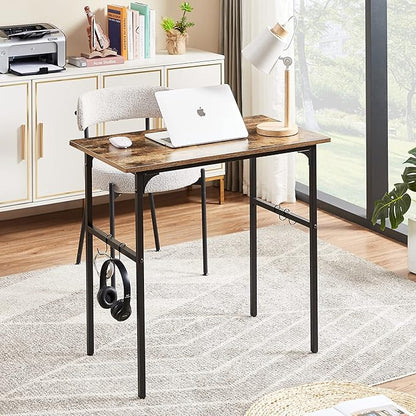 VECELO 32" Computer Writing Desk for Home Office, Study Table Workstation for Small Spaces with 4 Hooks & Adjustable Legs, Metal Frame,Brown, 32Inches