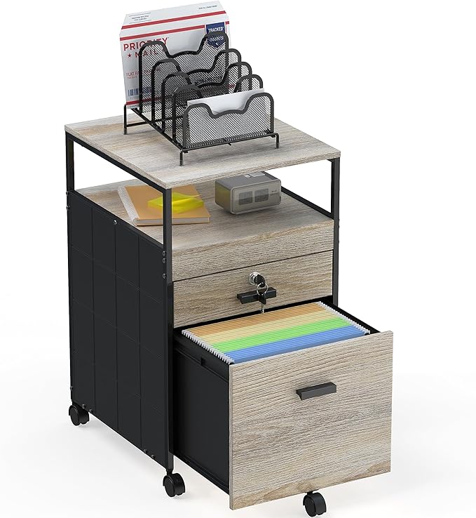SHW Rolling File Cabinet w/ 2 Drawers & Open Shelf, Maple