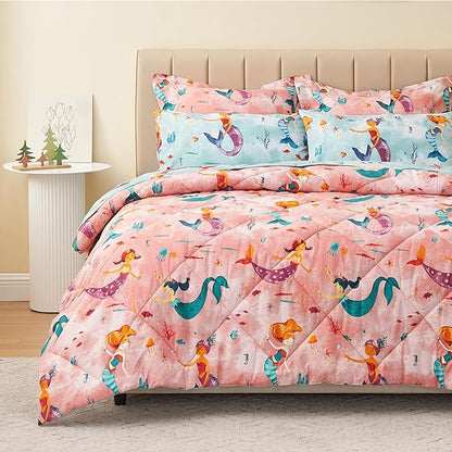 Twin Size Mermaid Kids Bedding Set for Girls, 7 Pieces Super Soft Lightweight Microfiber Comforter Set with Sheets, Bed in a Bag, Durable Children Bed Set