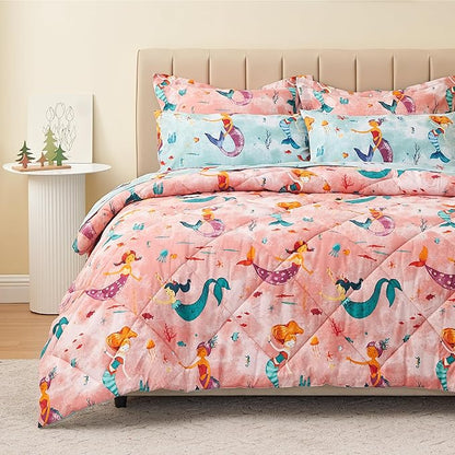 Twin Size Mermaid Kids Bedding Set for Girls, 5 Pieces Super Soft Lightweight Microfiber Comforter Set with Sheets, Bed in a Bag, Durable Children Bed Set