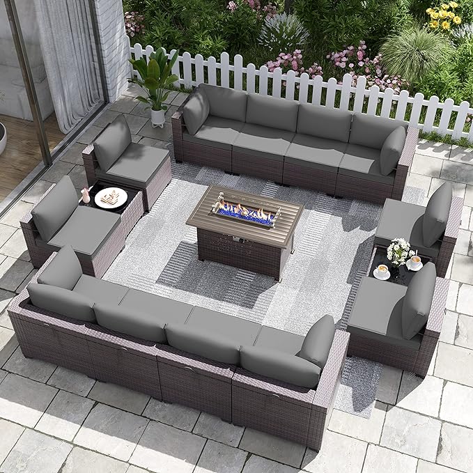 15PCS Patio Furniture Set with Fire Pit Table Outdoor Sectional Furniture Outdoor Sofa Rattan Patio Conversation Sets with 43in 55,000 BTU Propane Gas Fire Pit Table Glass Table, Grey