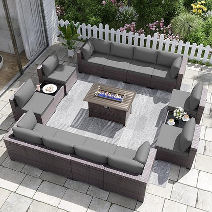 15PCS Patio Furniture Set with Fire Pit Table Outdoor Sectional Furniture Outdoor Sofa Rattan Patio Conversation Sets with 43in 55,000 BTU Propane Gas Fire Pit Table Glass Table, Grey