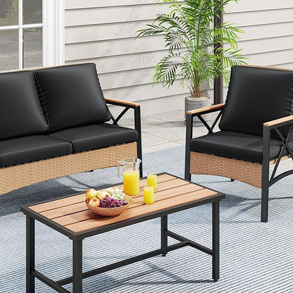 YITAHOME 4-Piece Patio Wicker Furniture Set with Wood Armrest, All Weather Rattan Conversation Furniture Sets for Backyard, Balcony, Deck w/Soft Cushions and Plastic Wood Table (Light Brown+Black)