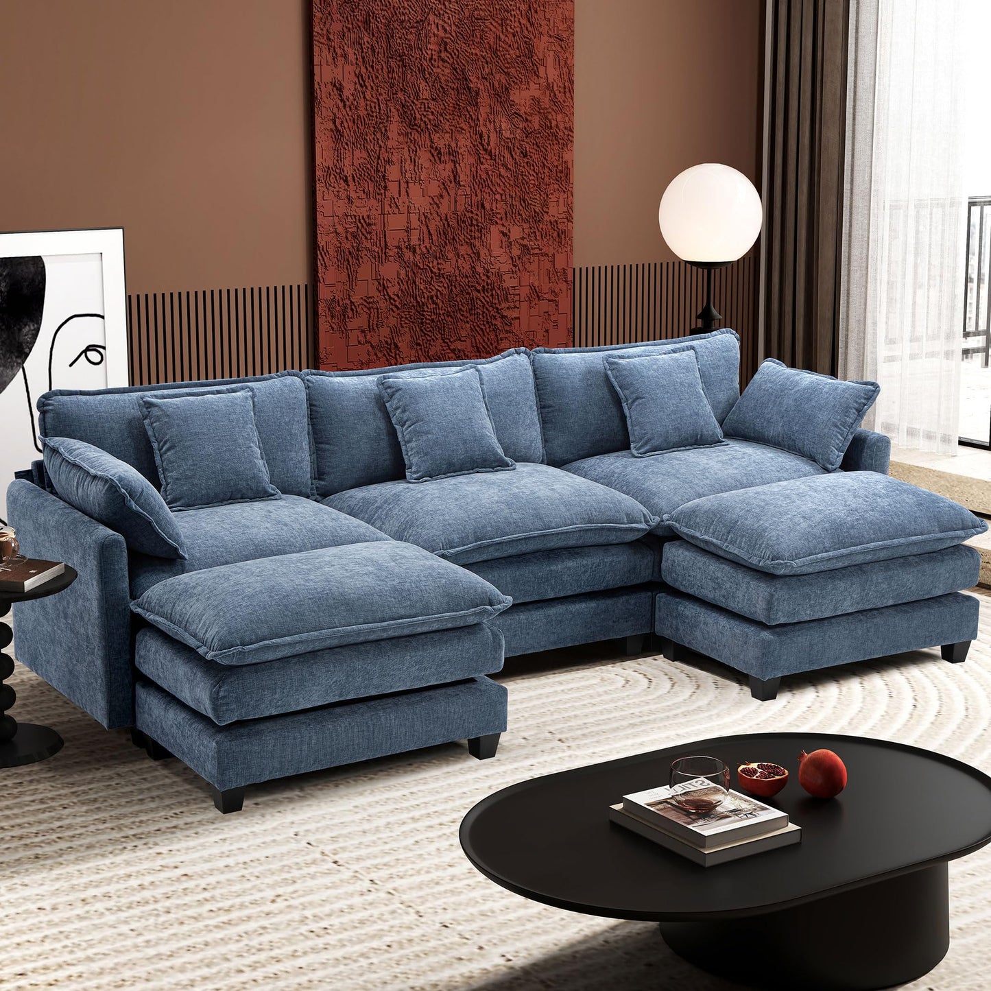 Ihanherry 111.4" L Shaped Modern Sofa Modular Sectional Cloud Couch with Ottoman, 4-Seat Chenille Deep Seat Sofa with Pillow for Living Room, Bedroom and Apartment, Beige