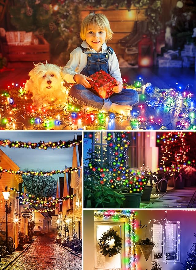 Minetom Christmas Lights Outdoor Solar Powered - 4 Pack Total 160FT 400 LED Christmas String Lights with 8 Lighting Modes, IP65 Waterproof Solar String Lights for Outside Tree Xmas Party, Multicolor