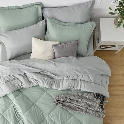 Bedsure Sage Green Twin XL Comforter Sets - 5 Pieces Reversible Twin XL Bedding Sets, Bed Sets Comforters, Sheets, Pillowcase & Sham, Grey XL Twin Bed in a Bag for College