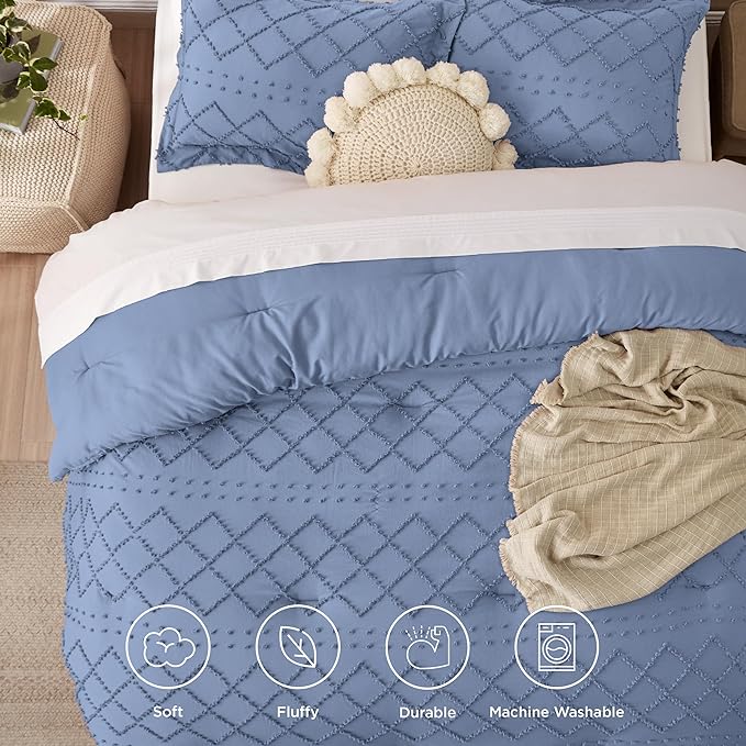 Bedsure Full Size Comforter Set - Mineral Blue Comforter, Boho Tufted Shabby Chic Bedding Comforter Set, 3 Pieces Farmhouse Bed Set for All Seasons, Fluffy Soft Bedding Set with 2 Pillow Shams