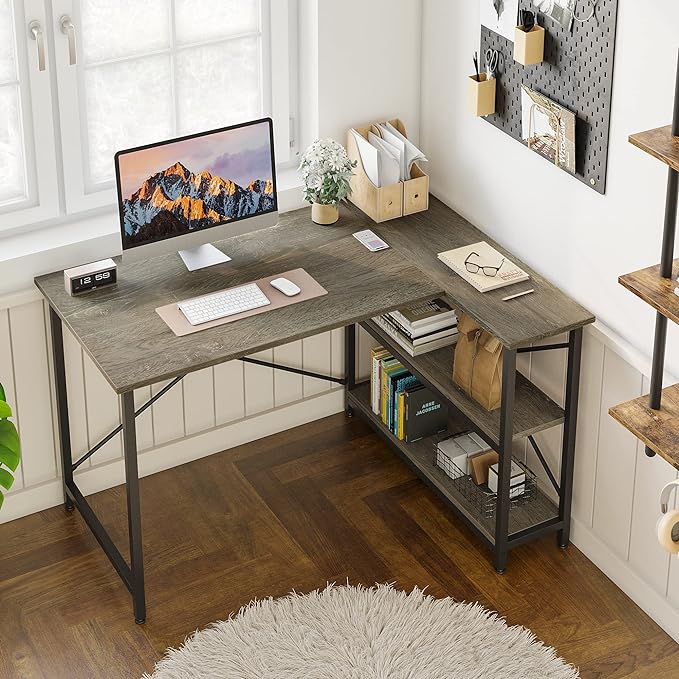 Bestier Small L Shaped Desk with Storage Shelves 47 Inch Corner Computer Desk Writing Study Table for Home Office Small Space, Gray