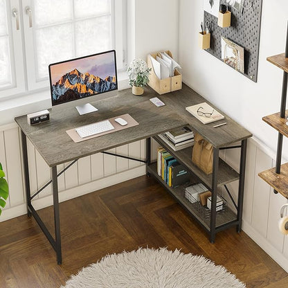 Bestier Small L Shaped Desk with Storage Shelves 47 Inch Corner Computer Desk Writing Study Table for Home Office Small Space, Gray