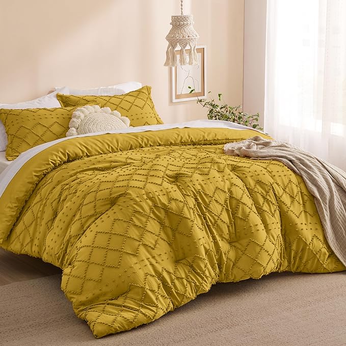 Bedsure Twin/Twin XL Comforter Set - Mustard Yellow Boho Twin Extra Long Comforter Set for College, Shabby Chic Dorm Bedding Set, 2 Pieces Modern Farmhouse Bed Set, includes 1 Pillow Sham