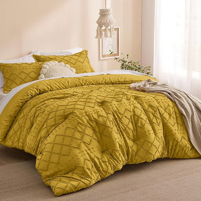 Bedsure Full Size Comforter Set - Mustard Yellow Comforter, Boho Tufted Shabby Chic Bedding Comforter Set, 3 Pieces Farmhouse Bed Set for All Seasons, Fluffy Soft Bedding Set with 2 Pillow Shams