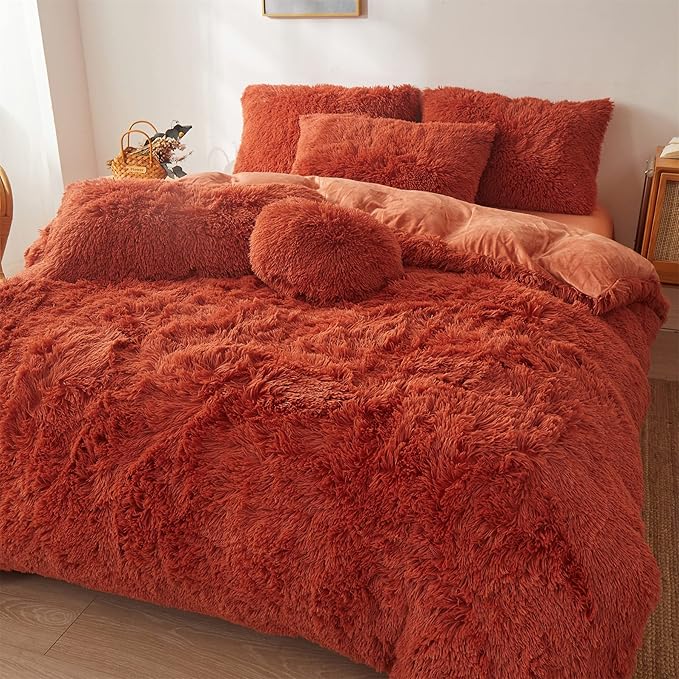 Fluffy Orange Comforter Cover Set Queen - Ultra Soft Plush Burnt Orange Bedding Sets 3 Pieces (1 Faux Fur Duvet Cover + 2 Faux Fur Pillow case) Boho Orange Queen Bed Sets (Dark Orange, Queen)
