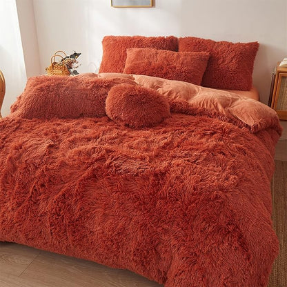 Fluffy Orange Comforter Cover Set Queen - Ultra Soft Plush Burnt Orange Bedding Sets 3 Pieces (1 Faux Fur Duvet Cover + 2 Faux Fur Pillow case) Boho Orange Queen Bed Sets (Dark Orange, Queen)