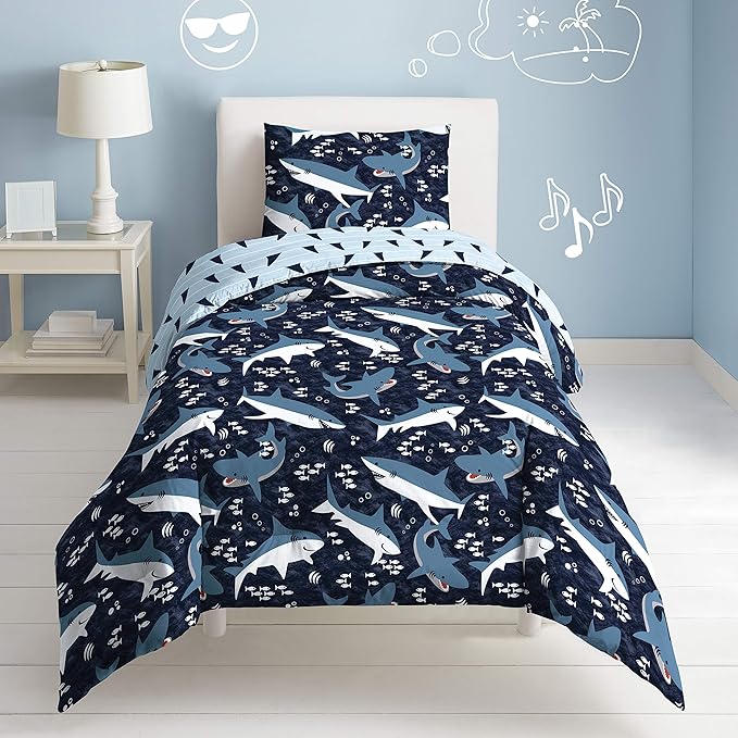 Dream Factory Sharks Boys Full Queen Size Boys Bedding Set Cotton Kids Comforter Set with Sham, 3 Piece, Full/Queen, Navy