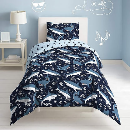 Dream Factory Sharks Boys Twin Size Boys Bedding Set Cotton Kids Comforter Set with Sham, 2 Piece, Twin, Navy