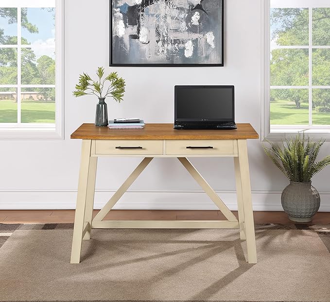 OSP Home Furnishings Milford Rustic 42 Inch Writing Desk with 2 Drawers and Burnished Decorative Hardware, Antique White