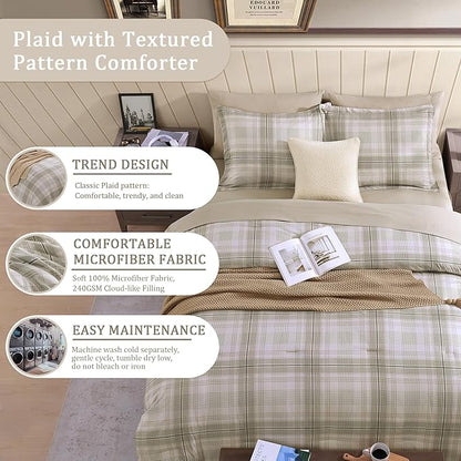 Beige King Size Comforter, Khaki Green Plaid King Comforter Set or Boys & Girls,Classic Homestead-style King Bedding Sets with King Size Bed Sheets and Comforter Sets