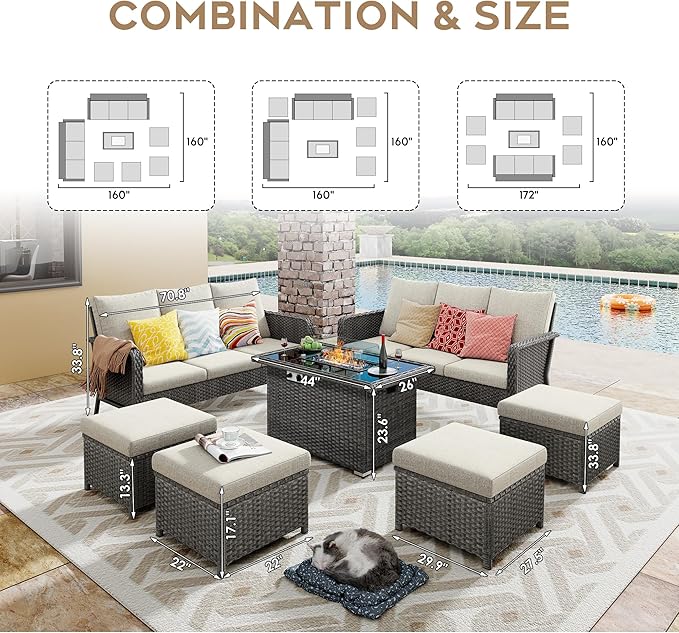 Yechen Patio Conversation Set 10 Seats with 44" Propane Gas Fire Pit Table - 7 Pcs Outdoor Wicker Furniture Set with Lid & Wind Shields - Sectional Sofa Set for Porch,Backyard
