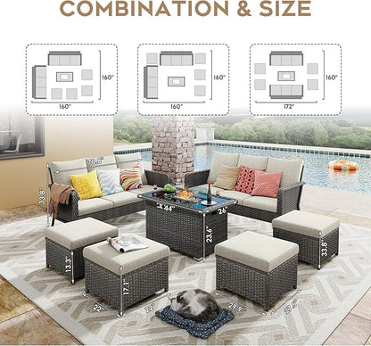 Yechen Patio Conversation Set 10 Seats with 44" Propane Gas Fire Pit Table - 7 Pcs Outdoor Wicker Furniture Set with Lid & Wind Shields - Sectional Sofa Set for Porch,Backyard