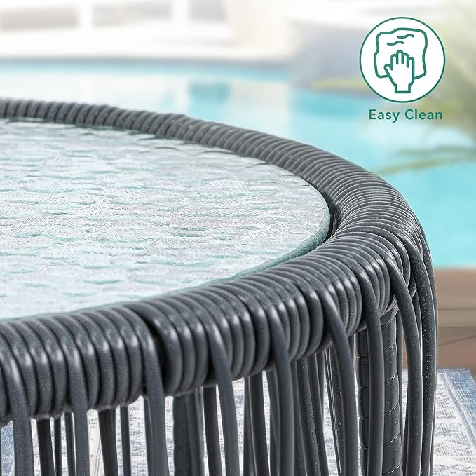 YITAHOME 3-Piece Outdoor Patio Furniture Wicker Bistro Set, All-Weather Rattan Conversation Chairs for Backyard, Balcony and Deck with Soft Cushions, Glass Side Table (Gray+Navy Blue)