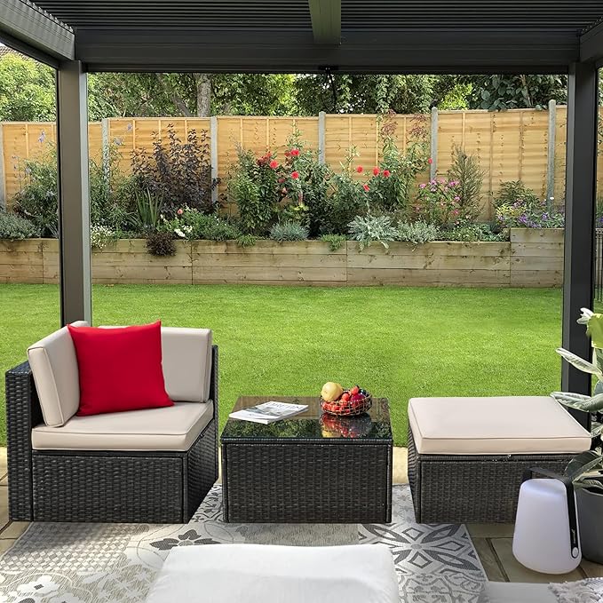 Greesum 3 Piece Patio Conversation Set Wicker Rattan Furniture Outdoor Sofa with Cushions,Pillows and Glass Table for Porch,Lawn and Yard, Beige