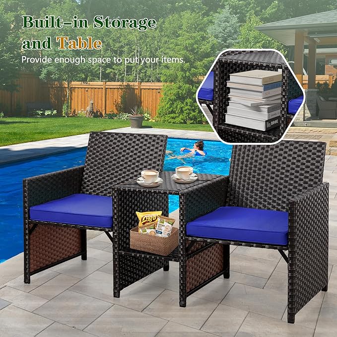 Shintenchi Wicker Patio Conversation Furniture Set with Detachable Chairs & Table and Two Removable Cushions,Rattan Wicker Lover Chair for Patio,Garden, Courtyard and Lawn Backyard (Deep Blue)