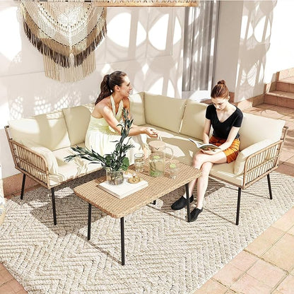 DWVO 4 Pieces Patio Furniture Set, Outdoor Rattan Woven Patio Conversation Set Sectional L-Shaped Sofa with 5 Seater for Backyard, Porch, Boho Detachable Lounger with Cushions and Side Table (Beige)